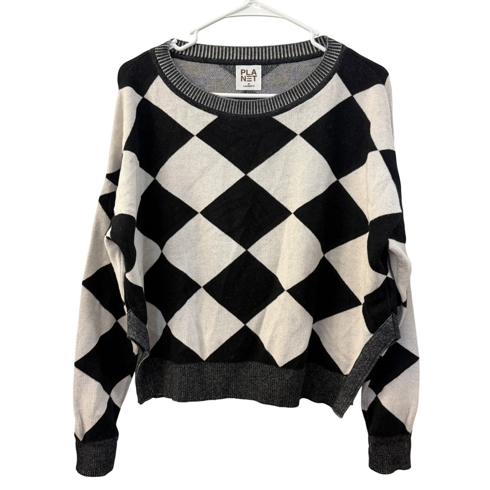 Planet by Lauren G Black White Diamond Harlequin Cotton Knit Sweater One Size